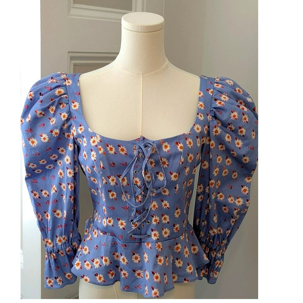 Autumn Adeigbo "Mallory" Puff Shoulder Blue Daisy Blouse